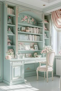 the room is decorated in pastel blue and pink tones with flowers on the shelves