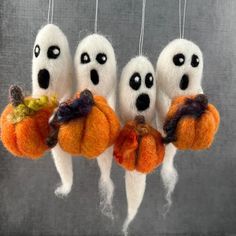 Needle Felted Halloween Ghost and Pumpkin Ornament Halloween Ornaments Tiny Ghosts Tiny Pumpkins Marsha Neal Studio Handmade Gift Idea - Etsy Needle Felted Fall Decor, Cute Felted Things, Needle Felted Halloween Ghosts, Needle Felt Pumpkin, Needle Felted Ghost, Needle Felt Halloween, Needle Felting Halloween, Needle Felted Halloween, Felted Halloween