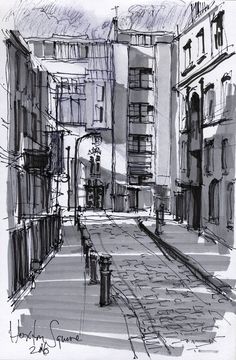 a black and white drawing of a city street with buildings on either side by itself