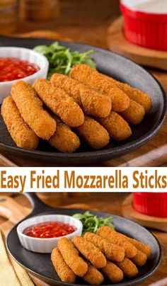 fried mozzarella sticks on a plate with ketchup and dipping sauces