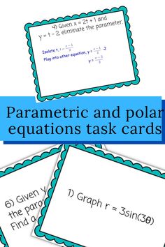 four square cards with the words, parametric and polar functions task cards on them