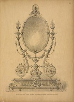 an antique drawing of a mirror on a stand