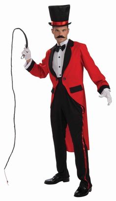 a man in a red tuxedo and top hat is holding a whip rope