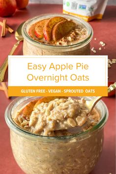 apple pie overnight oats in jars with spoons