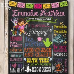 a chalkboard sign with the names of different children's songs and phrases on it