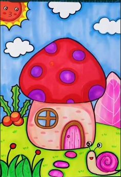 a painting of a mushroom house in the middle of a field with snails and flowers