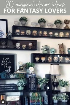 some shelves filled with plants and skulls on top of each shelf in front of a white wall