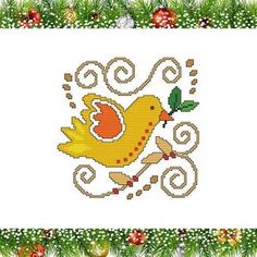 a cross stitch christmas card with a yellow bird