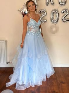 Baby Blue Prom Dress Long, Formal Dresses Light Blue, Prom Dresses 2025, Big Puffy Dresses, Prom Suit Outfits, Light Blue Sweet 16, Prom Dresses Light Blue, Pictures Of Dresses, Blue Prom Dress Long