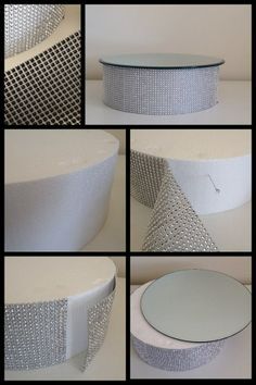 four different views of a round table with diamonds on the top and bottom, all in white