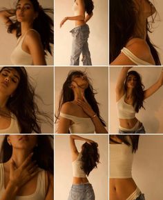 a collage of different pictures of a woman with her hands on her hips and arms behind her head