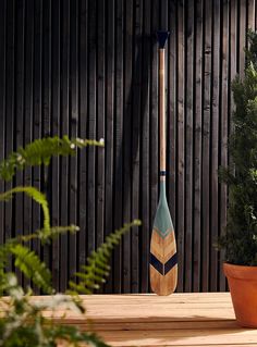 a wooden paddle sitting on top of a wooden table next to a potted plant