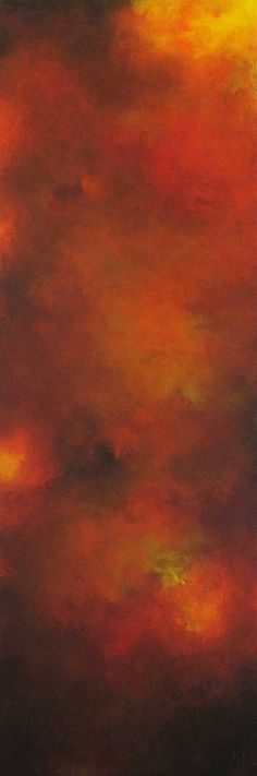 an orange and yellow painting with clouds in the background