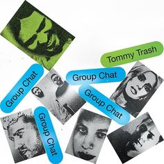 a group of stickers with different faces and words on them that read group chat, tommy trash, group chat