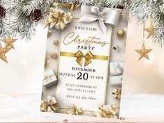 a christmas party flyer with presents on the table and decorations hanging from a pine tree