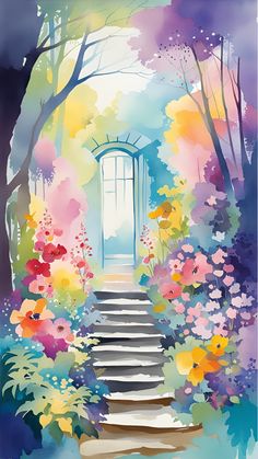 a painting of stairs leading up to a door in the middle of flowers and trees