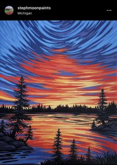 an acrylic painting of a sunset over a lake with trees in the foreground