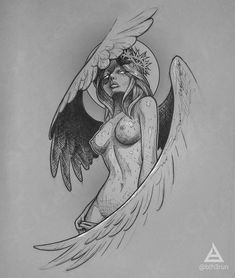 a drawing of a woman with wings on her chest