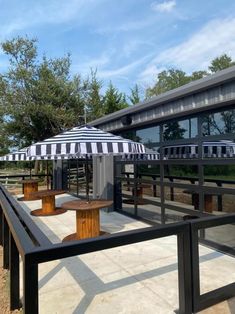 several tables with umbrellas on top of them