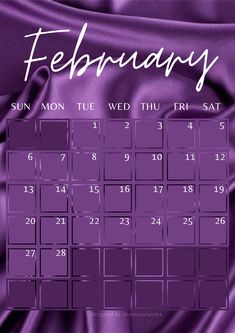 a calendar for the month of feb on a purple satin background with white lettering and numbers