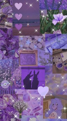 purple collage with hearts, flowers, and other things in the background that appear to be photoshopped