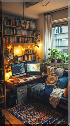 a living room filled with lots of furniture and bookshelves next to a window