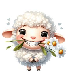 a cartoon sheep with daisies in its mouth is smiling at the camera while holding on to it's nose