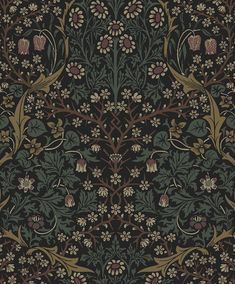 an intricately designed wallpaper with flowers and leaves in dark green, brown and pink colors