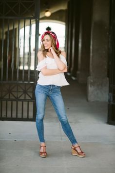 Chic Outfit from fiercenfree with Alexander McQueen Scarves, Eliza J Tops, Saint Laurent Jeans, Saint Laurent Wedges Saint Laurent Jeans, Eliza J, Alexander Mcqueen Scarf