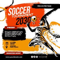 an advertisement for a soccer tournament with a player holding a ball in his hand and the words soccer tournament on it