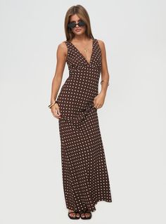 Nellie Maxi Dress Brown Polka Dot Chic Polka Dot Maxi Dress, Fitted Ruched Maxi Dress In Rayon, Polka Dot Maxi Dress, Polka Dot Maxi Dresses, Brown Polka Dots, Pink Formal Dresses, Fleece Dress, Outerwear Outfit, Strapless Tops