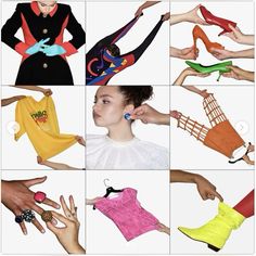 a collage of photos with different types of shoes and clothing on them, including one woman's hand