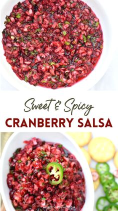 cranberry salsa in a white bowl with green peppers