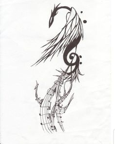 a black and white drawing of a bird with musical notes on it's tail