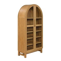 a wooden bookcase with glass doors on the front and bottom shelves in an arch shape