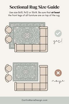 the sectional rug size guide is shown with instructions for how to fit it and how to use