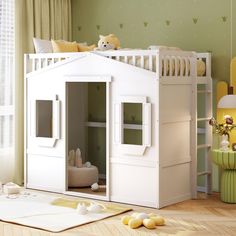 a child's bedroom with a bunk bed and green wallpaper, white furniture