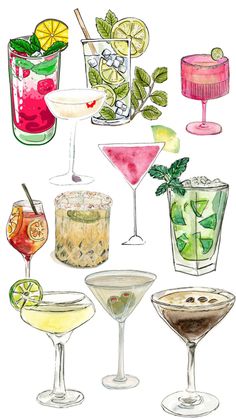 various types of cocktails are shown in this drawing