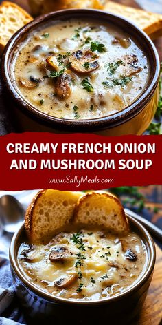 creamy french onion and mushroom soup in a bowl with toasted bread on the side