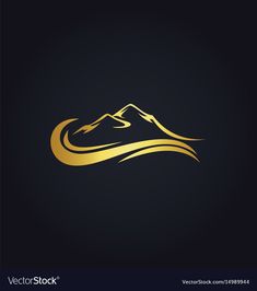 a golden mountain logo on a black background with gold lines and waves in the shape of a wave