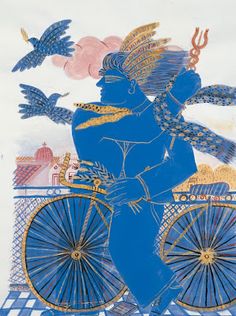 an image of a man on a bicycle with birds flying around him and another bird in the background