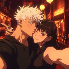 two anime characters are hugging in front of a bar with liquor bottles on the shelves