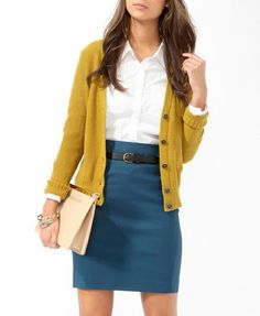 ...not mustard yellow, though. Teal Skirt, Mustard Cardigan, Teaching Outfits, Outfit Chic, Yellow Cardigan, Professional Attire, Sweater Dress Women, Work Wardrobe, Blue Skirt