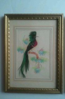 two framed pictures hanging on the wall next to each other, one with a bird painted on it