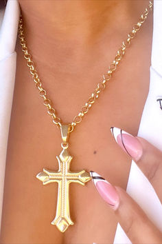 #crosschain #summerjewelry #statementjewelry #jewelrytrends2024 Gold Plated Cross Chain Necklace, Tarnish Resistant Spiritual Cross Jewelry, 14k Gold Cross Necklace With Adjustable Chain, Gold Plated Crucifix Jewelry With Adjustable Chain, Gold Necklaces With Cross Pendant And Cable Chain, Gold Necklace With Cross Pendant And Cable Chain, Gold Plated Chain Necklace With Cross Pendant, Gold Plated Pendant Cross Necklace, Gold Plated Cross Pendant Necklace