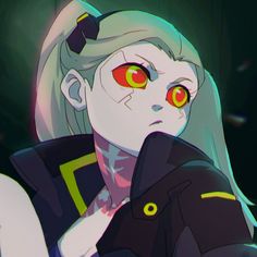 an anime character with red eyes and white hair, wearing a black jacket in front of a dark background