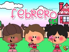 three children are standing in front of a pink house and the words febero