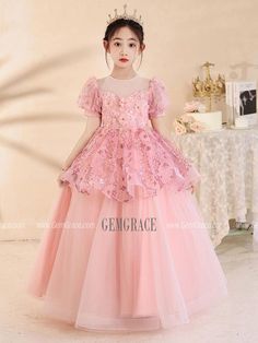 10% off now|Free shipping world-wide. Pink Princess Sequined Tulle Girl Prom Party Dress with Bubble Sleeves at GemGrace. Click to learn our pro custom-made service for wedding dress, formal dress. View #FlowerGirlDresses for more ideas.