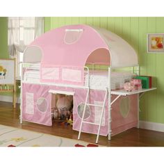 a child's bed with a pink tent on the top and white ladders