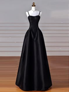 Spaghetti Straps Floor Length Black Satin Formal Occasion Evening Dresses Prom Black, Black Simple Formal Dress, Black Long Dresses Elegant, Black Long Prom Dress, Black Silk Ball Gown, Fitted A-line Gown For Banquets, Black Debs Dresses, Black Satin Dress Aesthetic, Black Gown Simple